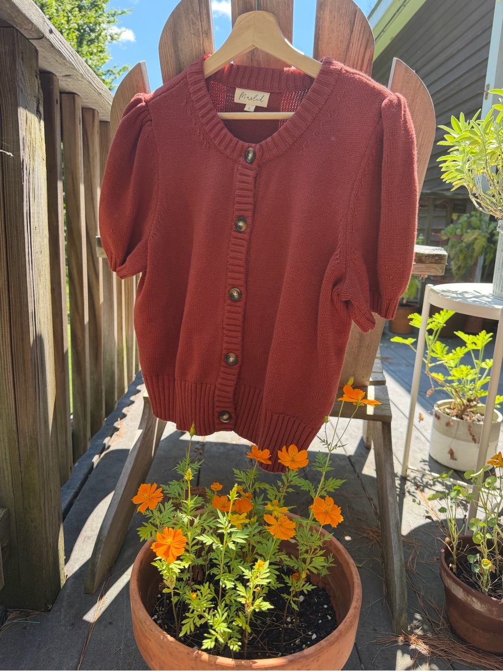 Marked Brick Red Short-Sleeve Button Sweater L